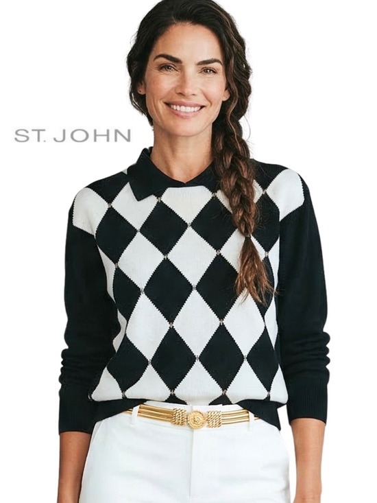 St. John Collection Sweaters - ST. JOHN Argyle Black White Diamond Collared Sweater Top - Size P